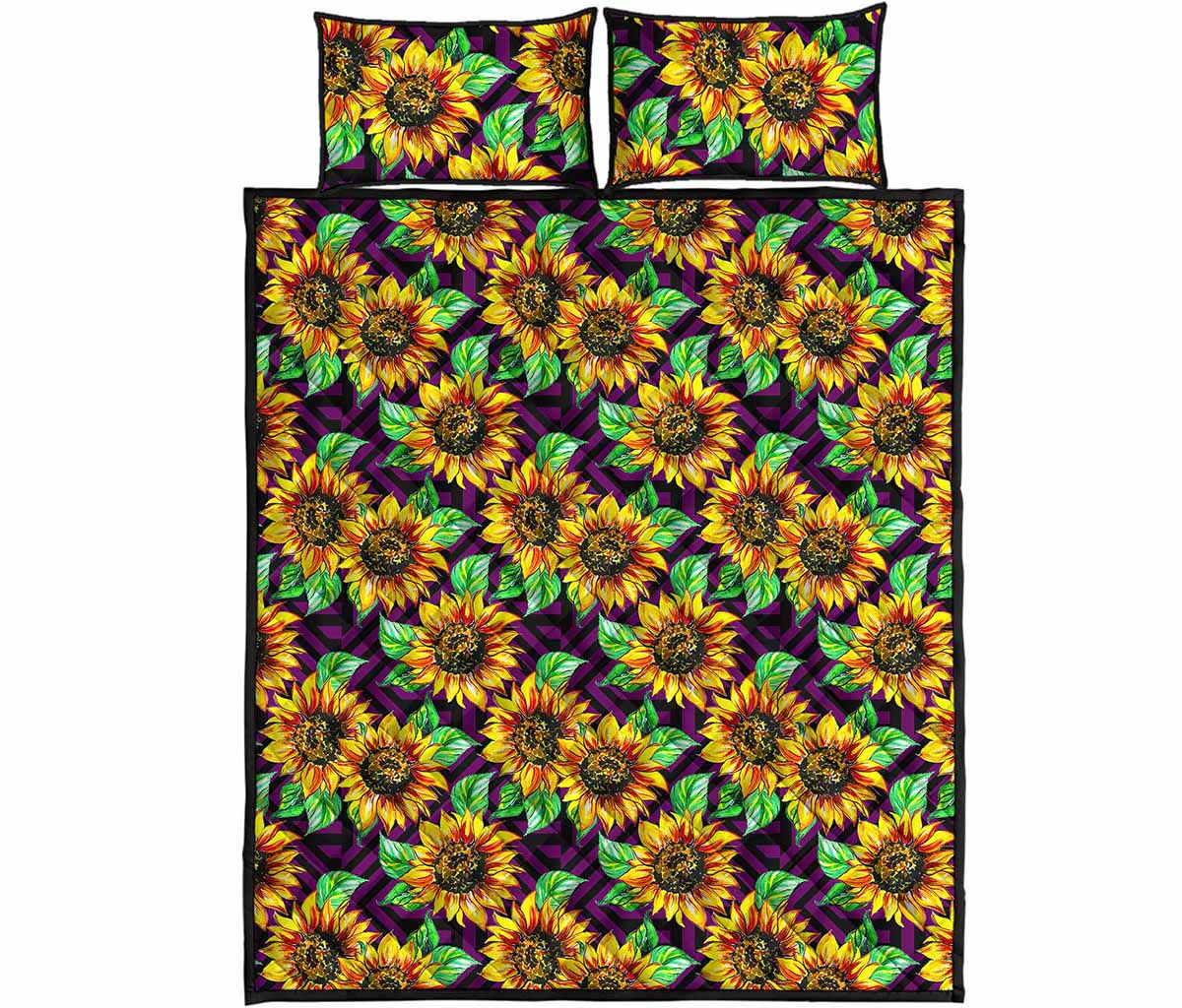 Purple Trippy Sunflower Pattern Print Quilt Bed Set