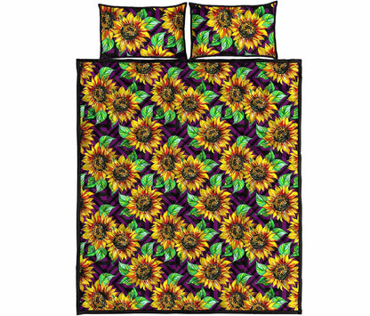 Purple Trippy Sunflower Pattern Print Quilt Bed Set