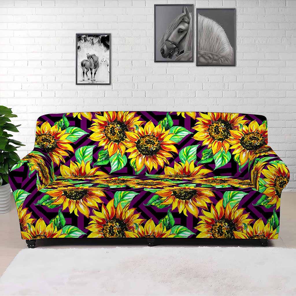 Purple Trippy Sunflower Pattern Print Sofa Cover