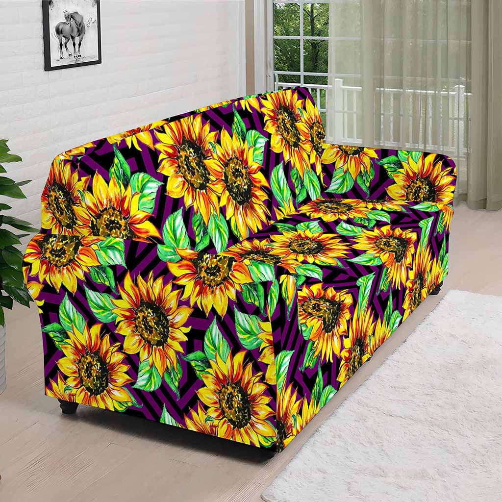 Purple Trippy Sunflower Pattern Print Sofa Cover