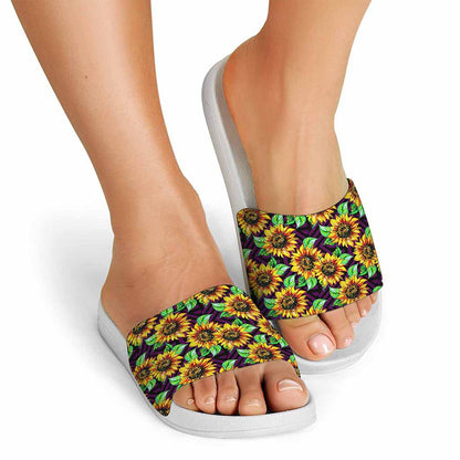 Purple Trippy Sunflower Pattern Print White Slide Sandals