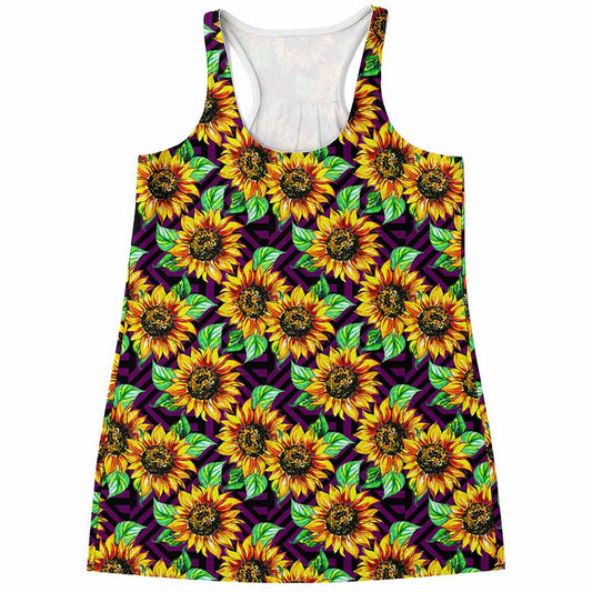 Purple Trippy Sunflower Pattern Print Women's Racerback Tank Top