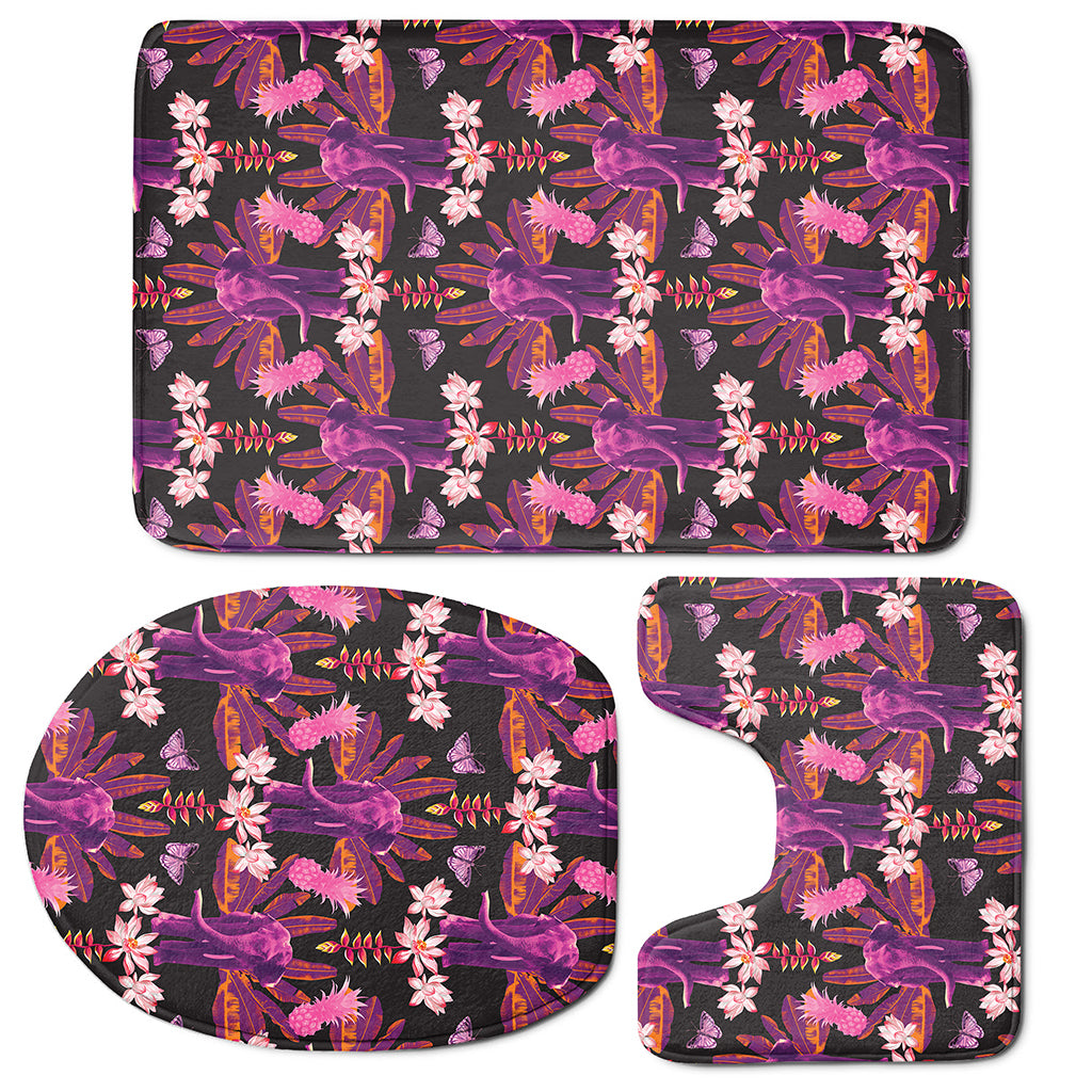 Purple Tropical Elephant Pattern Print 3 Piece Bath Mat Set