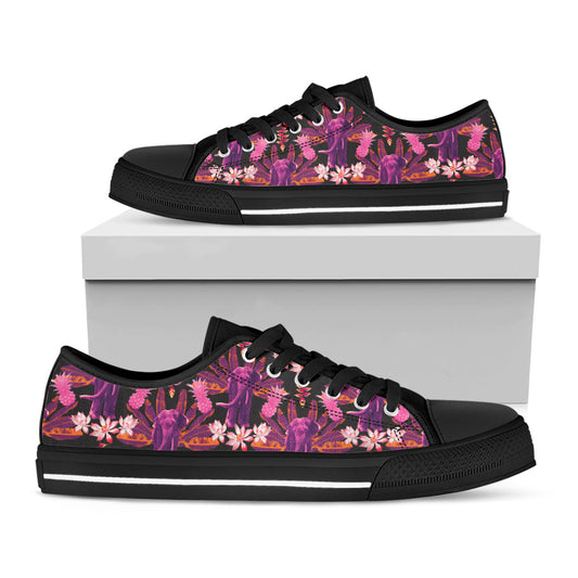 Purple Tropical Elephant Pattern Print Black Low Top Shoes