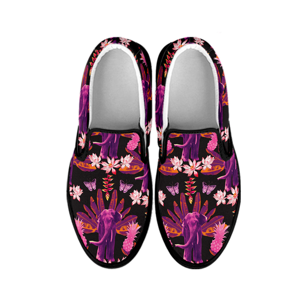 Purple Tropical Elephant Pattern Print Black Slip On Shoes