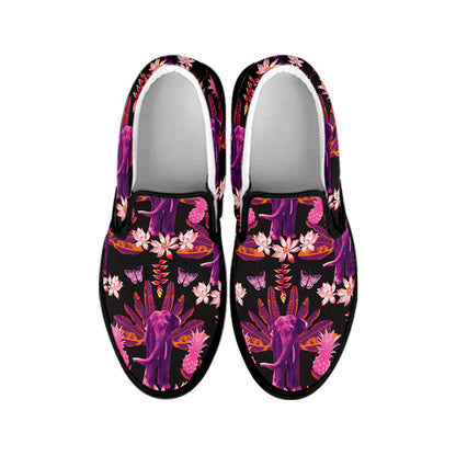 Purple Tropical Elephant Pattern Print Black Slip On Shoes