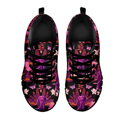 Purple Tropical Elephant Pattern Print Black Sneakers
