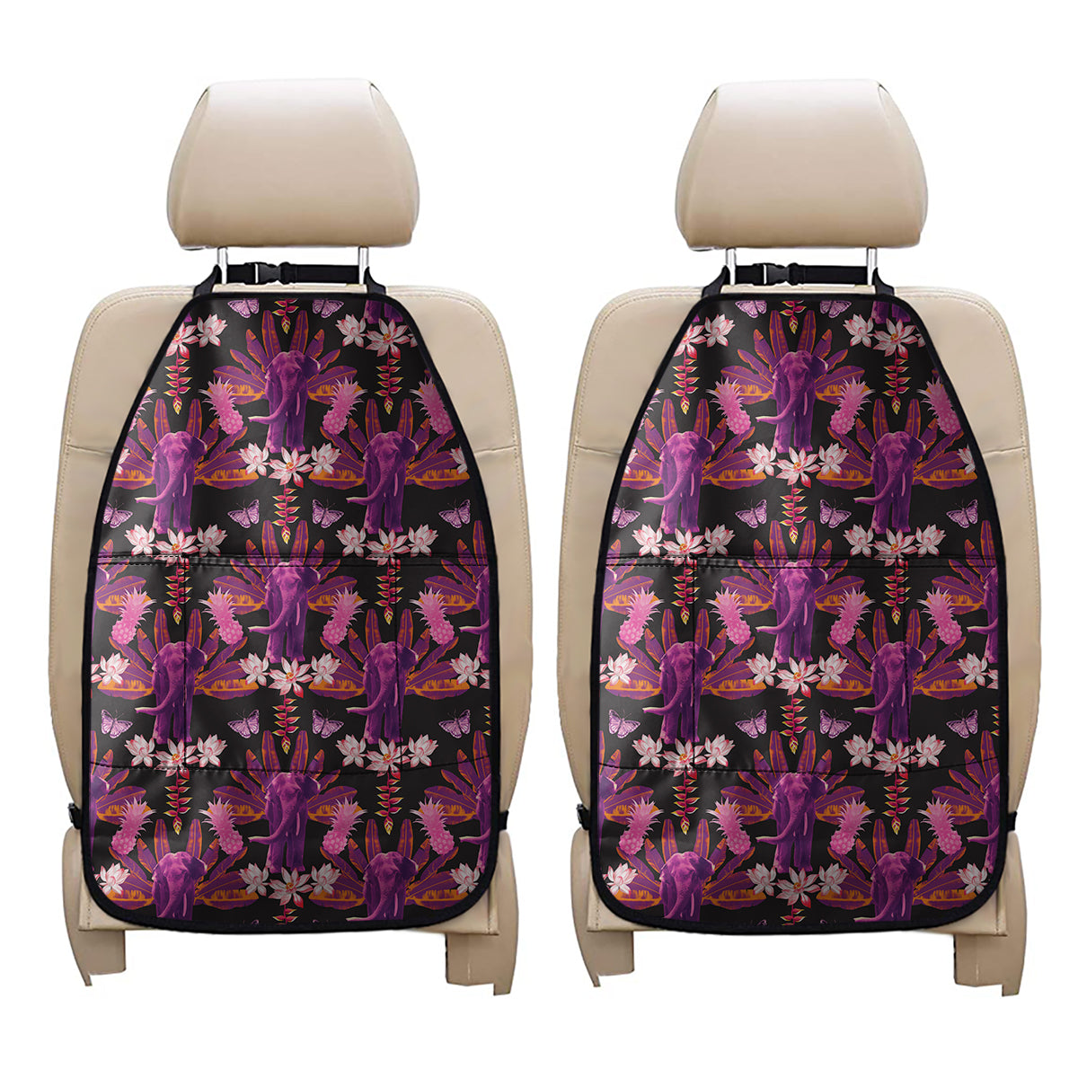 Purple Tropical Elephant Pattern Print Car Seat Organizers