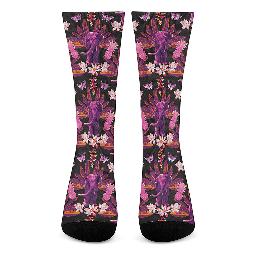 Purple Tropical Elephant Pattern Print Crew Socks