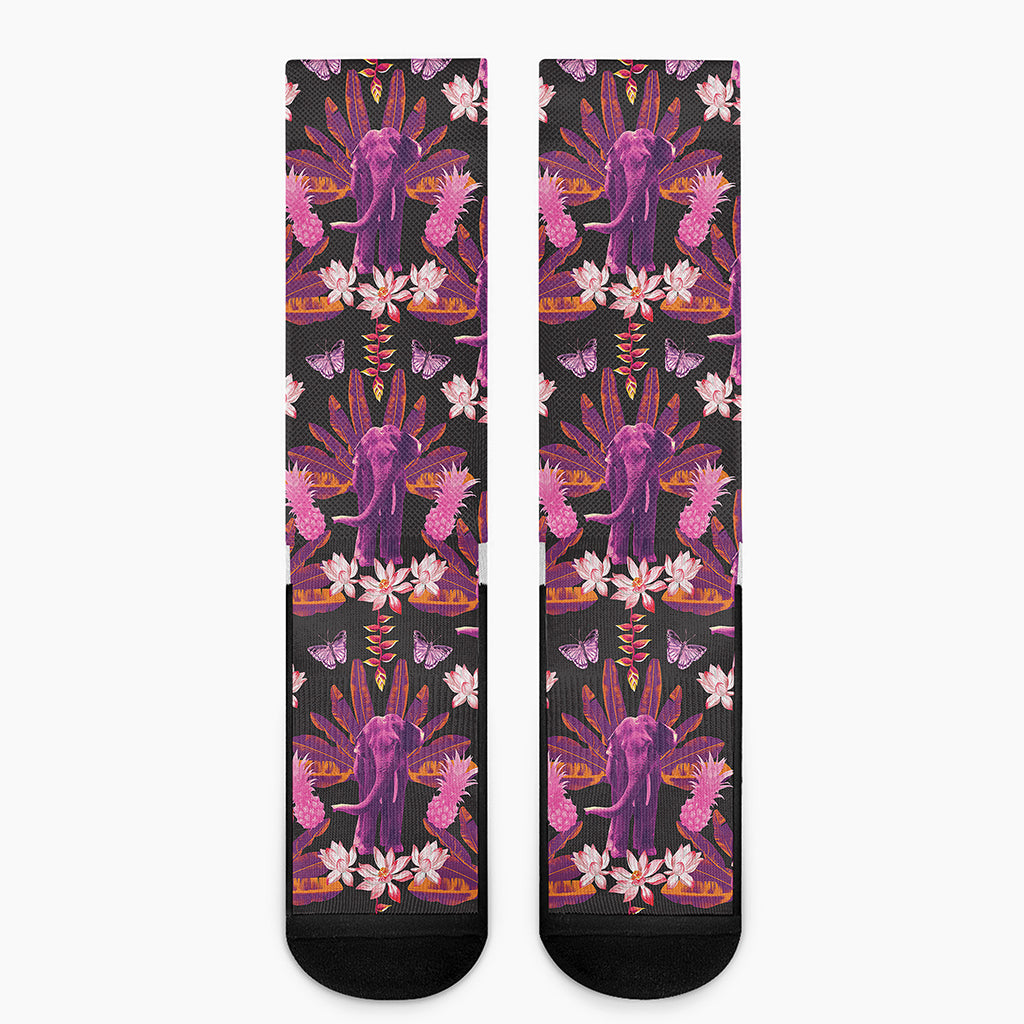 Purple Tropical Elephant Pattern Print Crew Socks