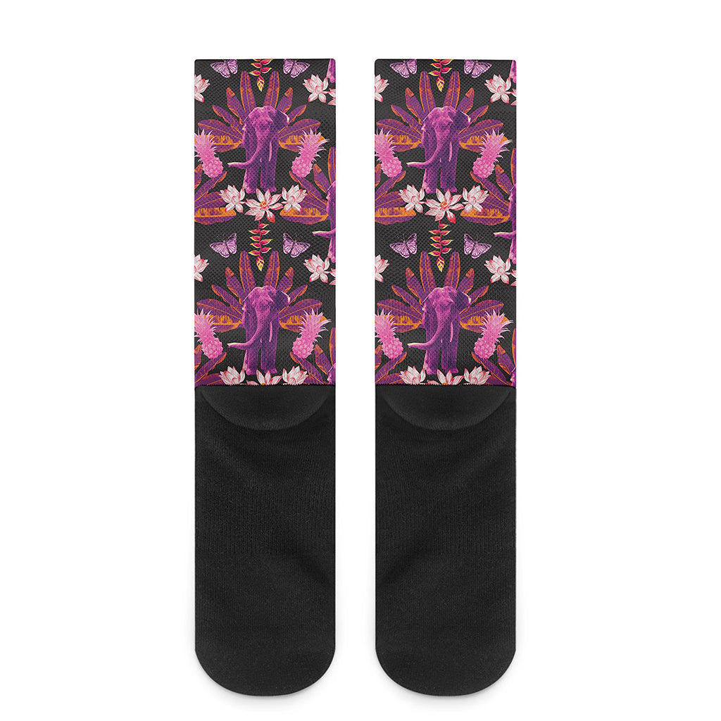 Purple Tropical Elephant Pattern Print Crew Socks