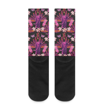 Purple Tropical Elephant Pattern Print Crew Socks