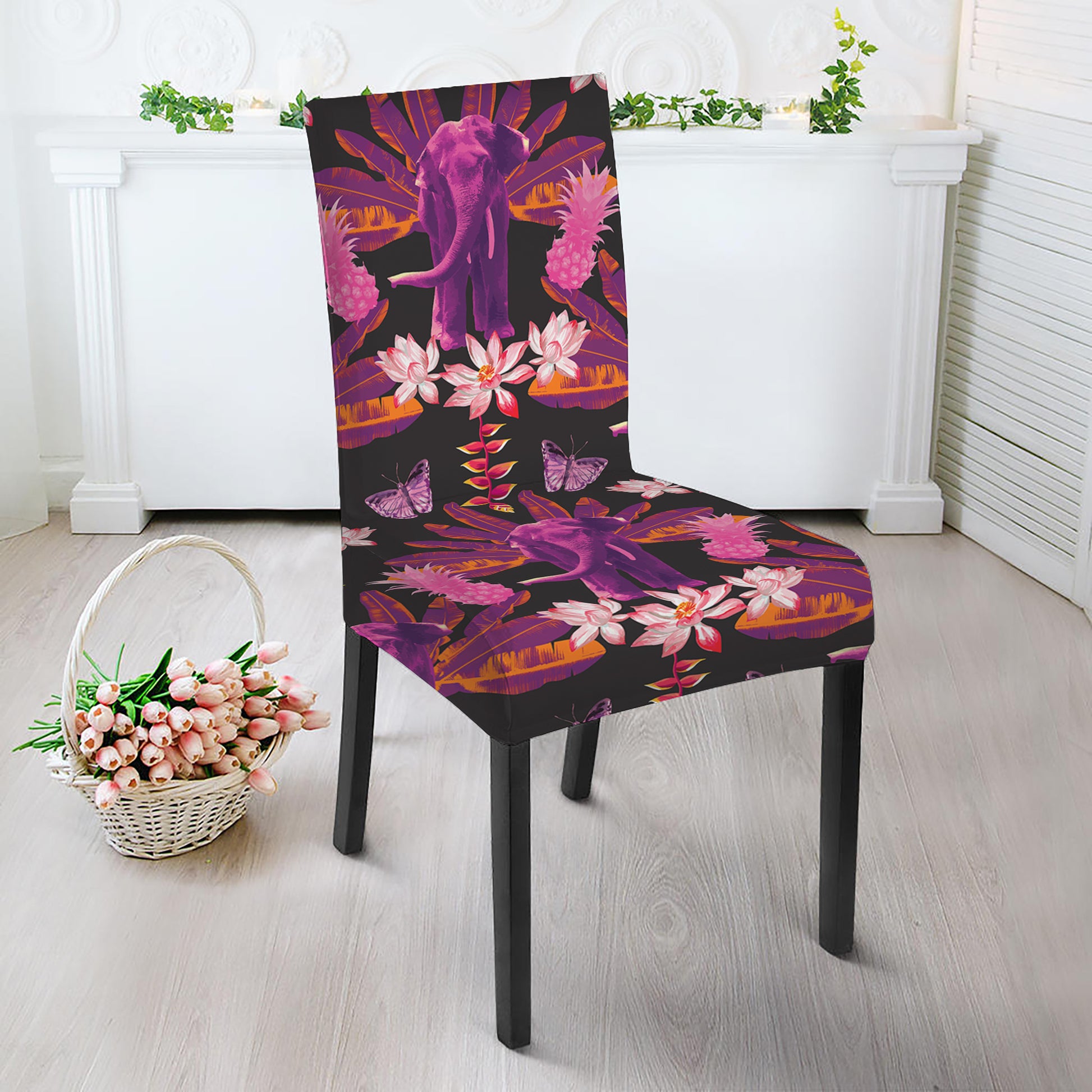 Purple Tropical Elephant Pattern Print Dining Chair Slipcover