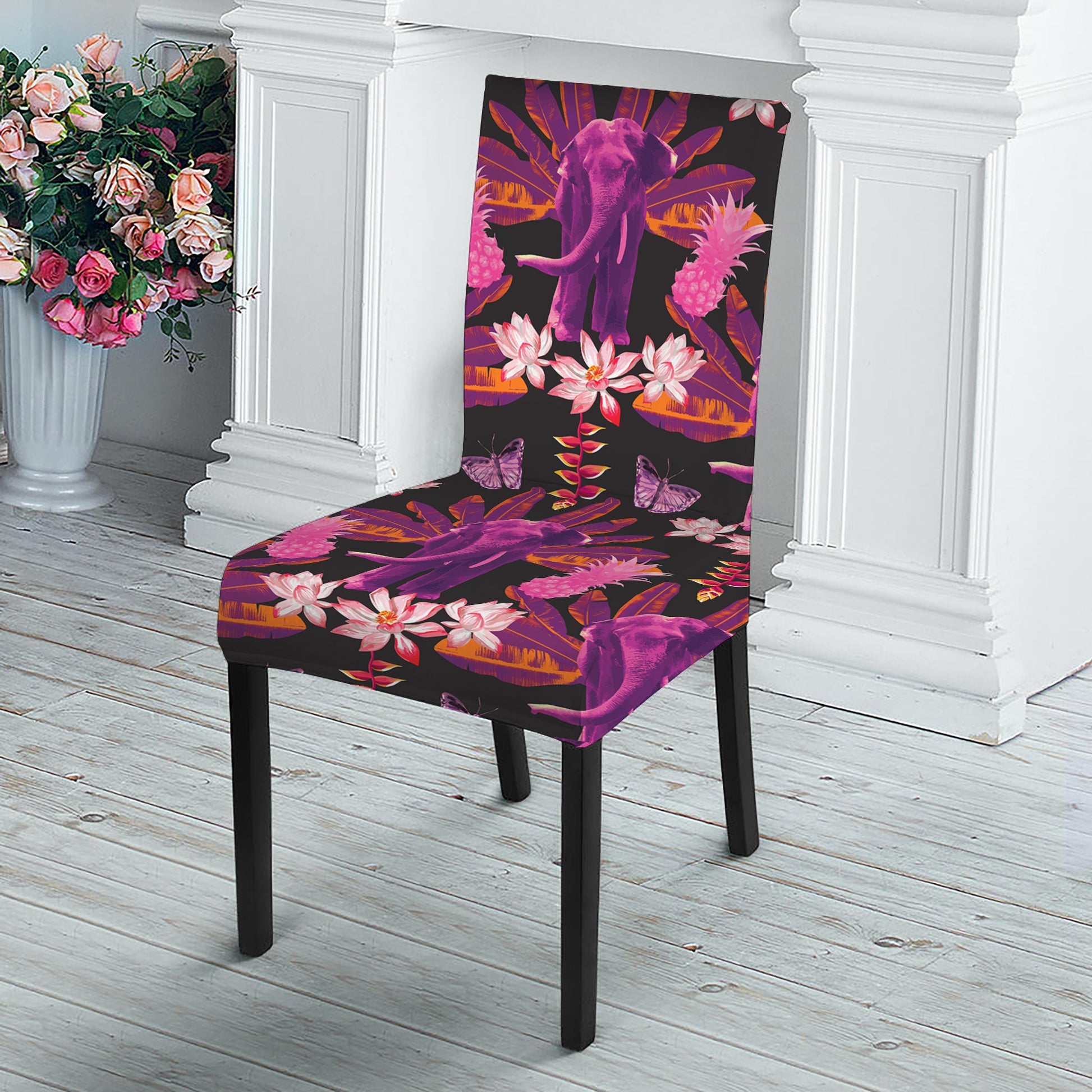 Purple Tropical Elephant Pattern Print Dining Chair Slipcover