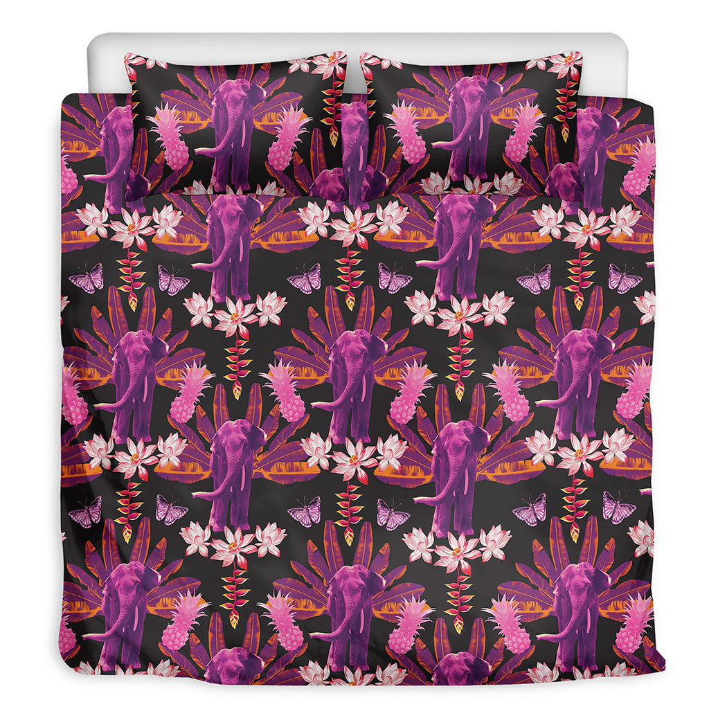 Purple Tropical Elephant Pattern Print Duvet Cover Bedding Set