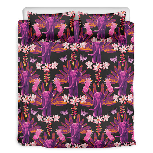 Purple Tropical Elephant Pattern Print Duvet Cover Bedding Set