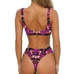 Purple Tropical Elephant Pattern Print Front Bow Tie Bikini