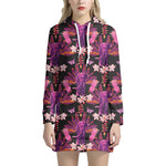 Purple Tropical Elephant Pattern Print Hoodie Dress