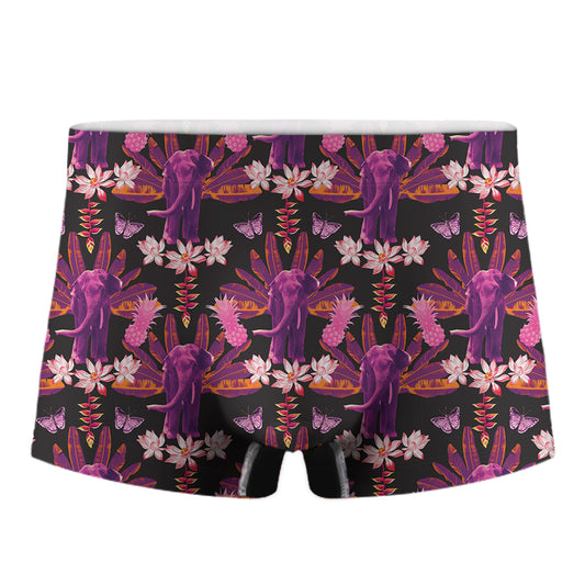 Purple Tropical Elephant Pattern Print Men's Boxer Briefs