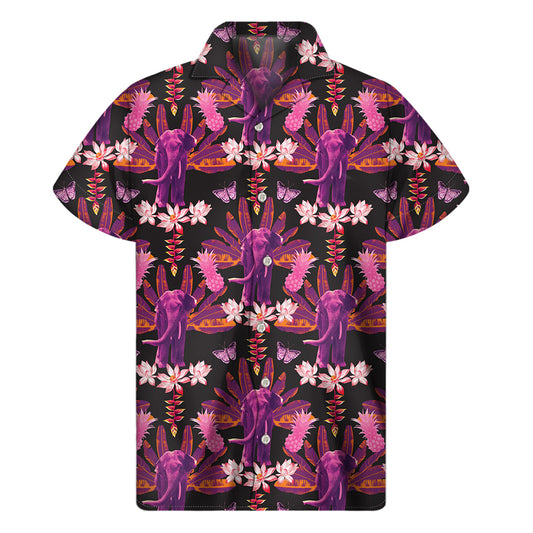 Purple Tropical Elephant Pattern Print Men's Short Sleeve Shirt