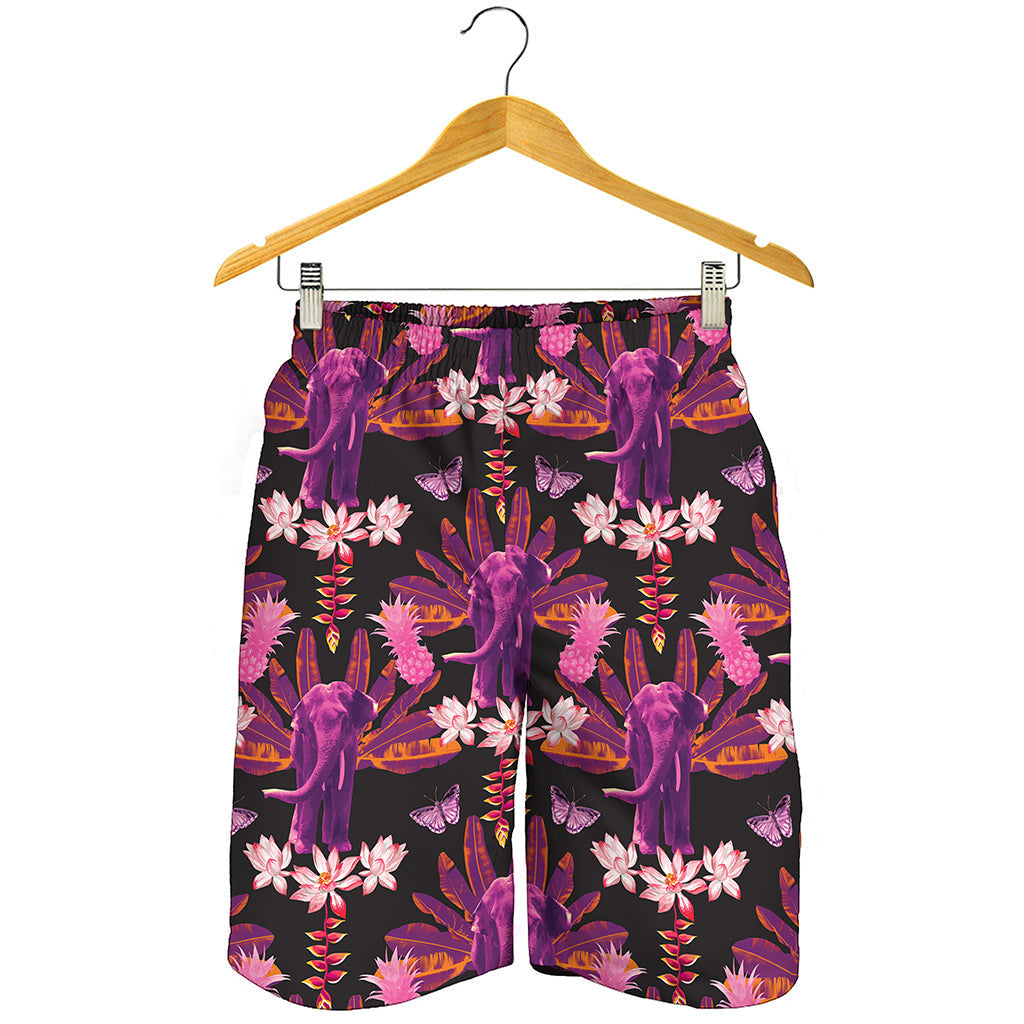 Purple Tropical Elephant Pattern Print Men's Shorts