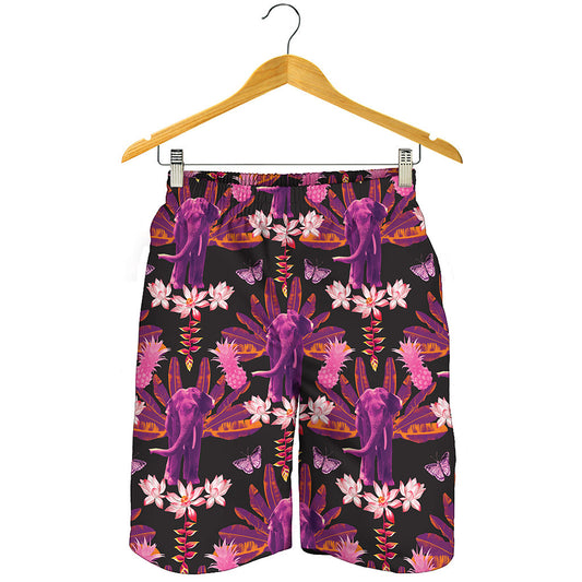 Purple Tropical Elephant Pattern Print Men's Shorts