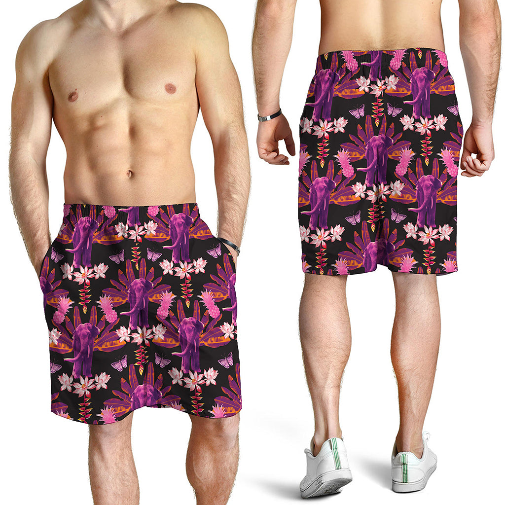 Purple Tropical Elephant Pattern Print Men's Shorts
