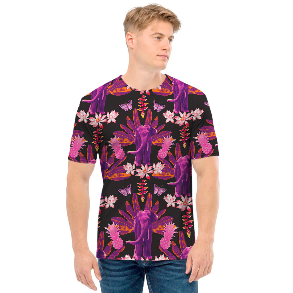 Purple Tropical Elephant Pattern Print Men's T-Shirt