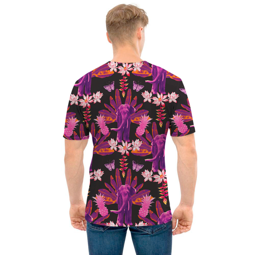 Purple Tropical Elephant Pattern Print Men's T-Shirt