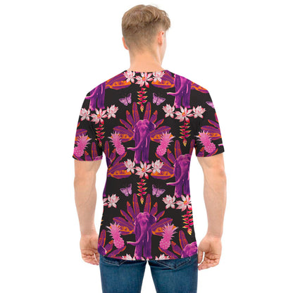 Purple Tropical Elephant Pattern Print Men's T-Shirt