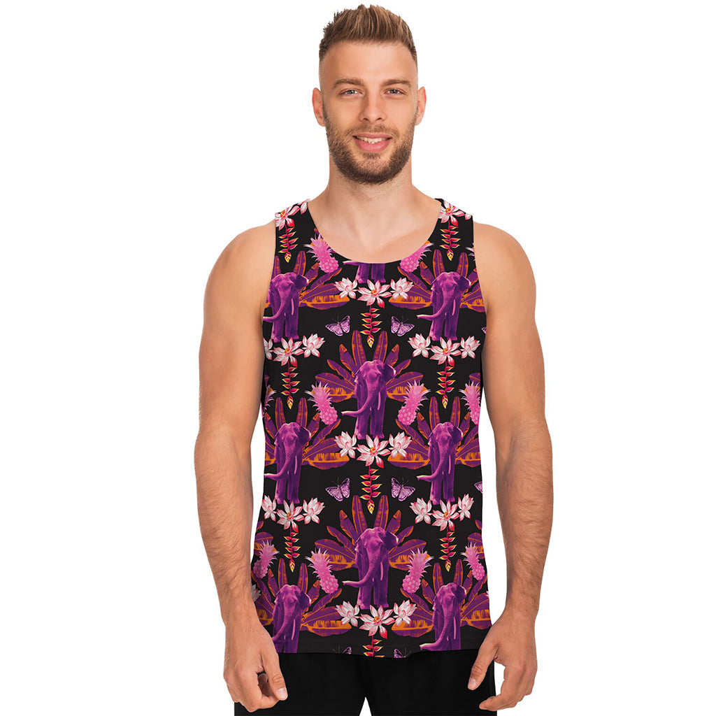Purple Tropical Elephant Pattern Print Men's Tank Top