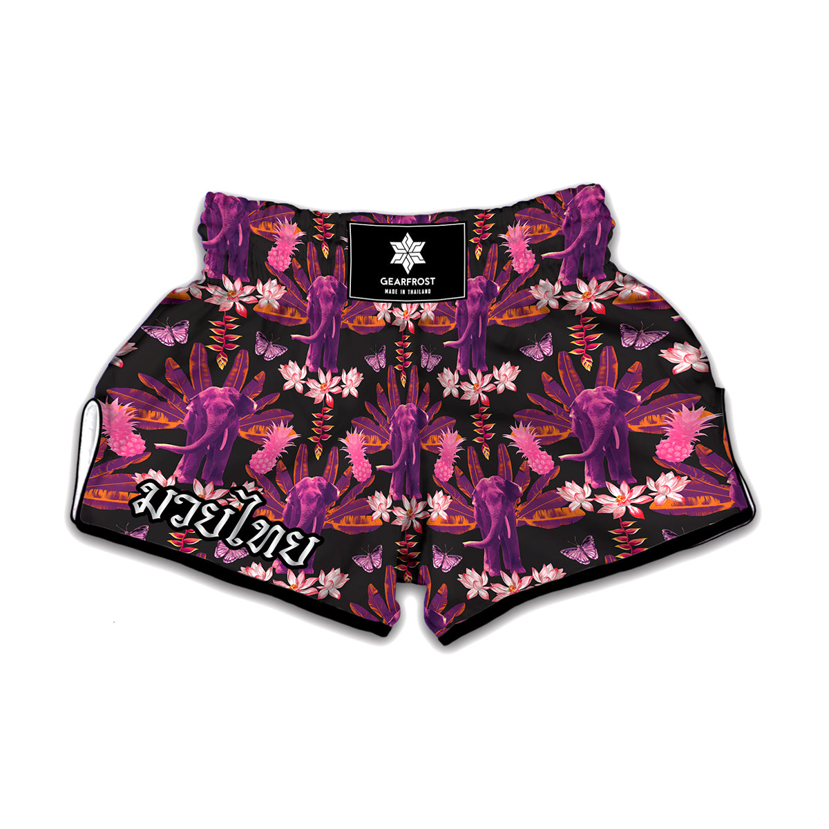 Purple Tropical Elephant Pattern Print Muay Thai Boxing Shorts