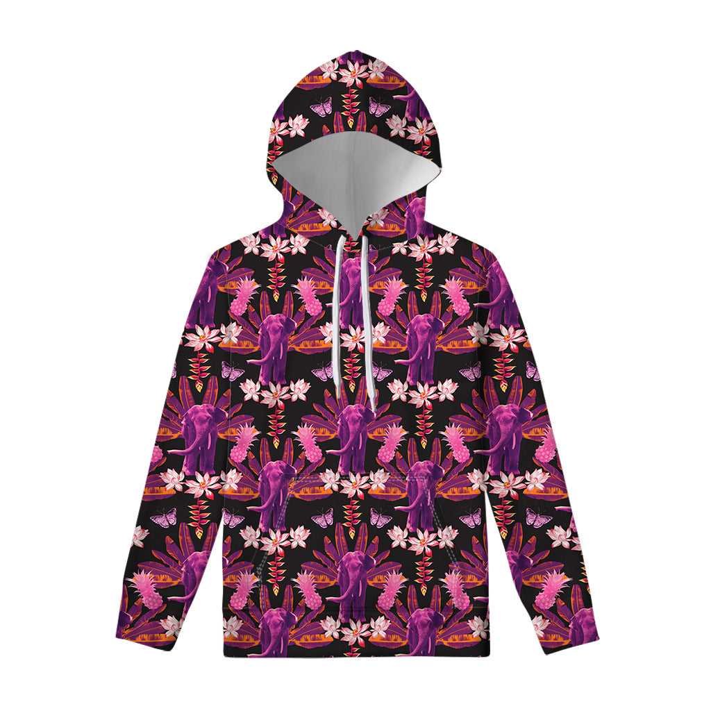 Purple Tropical Elephant Pattern Print Pullover Hoodie