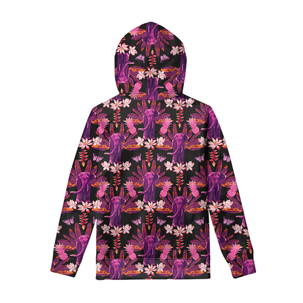 Purple Tropical Elephant Pattern Print Pullover Hoodie