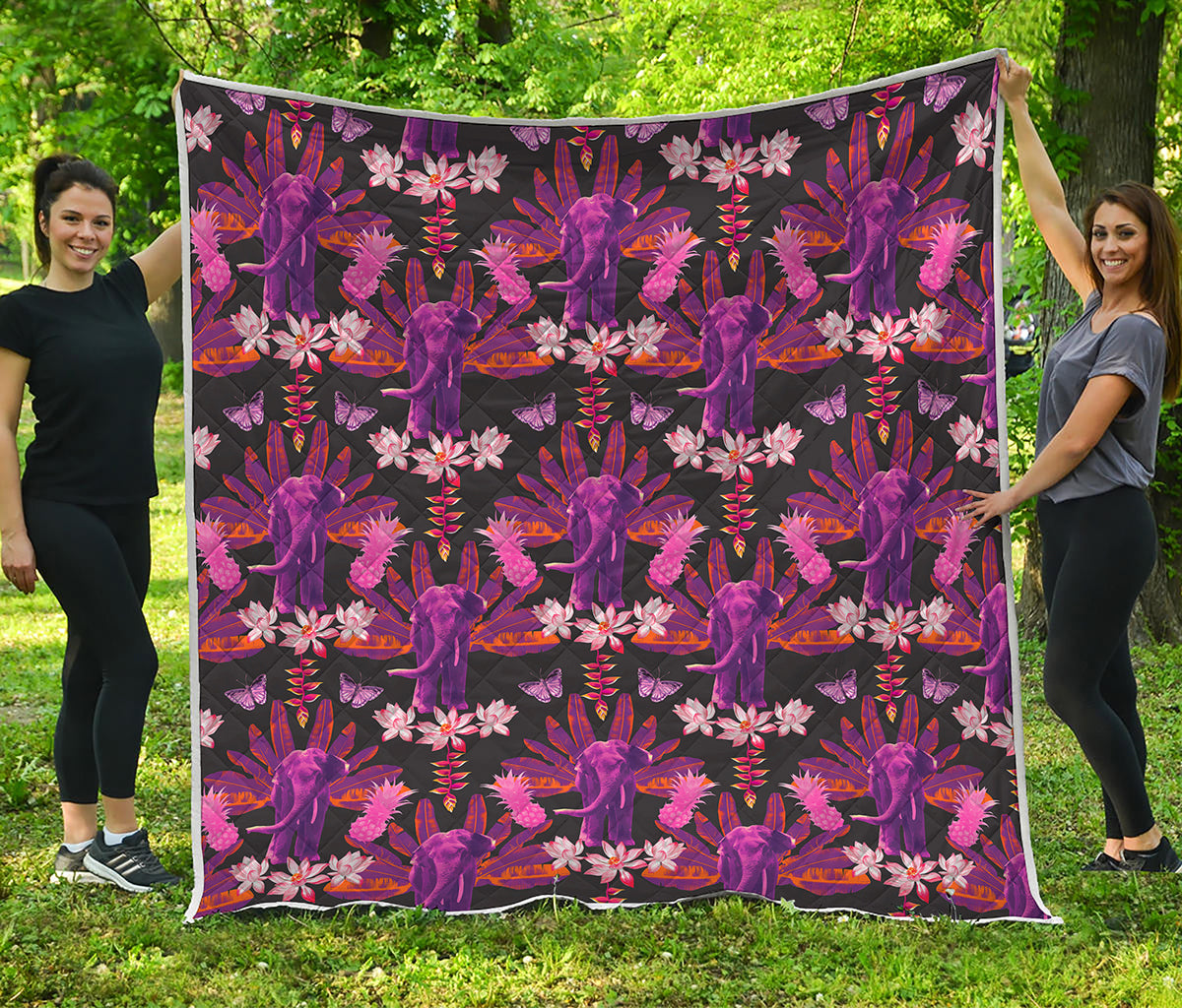 Purple Tropical Elephant Pattern Print Quilt