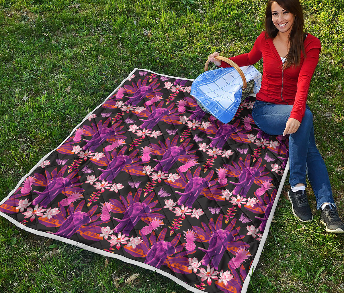 Purple Tropical Elephant Pattern Print Quilt