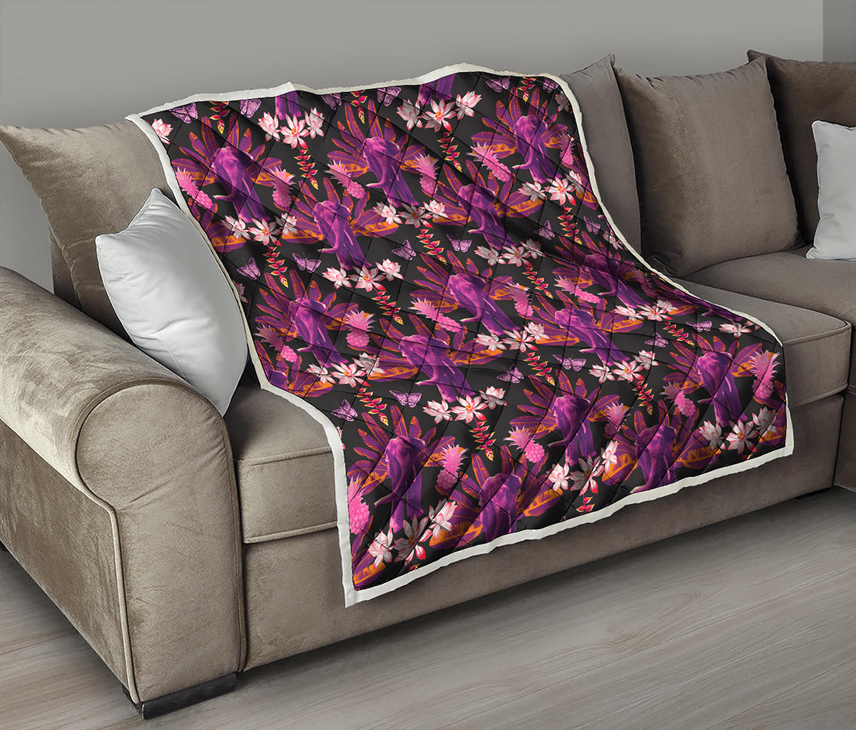 Purple Tropical Elephant Pattern Print Quilt