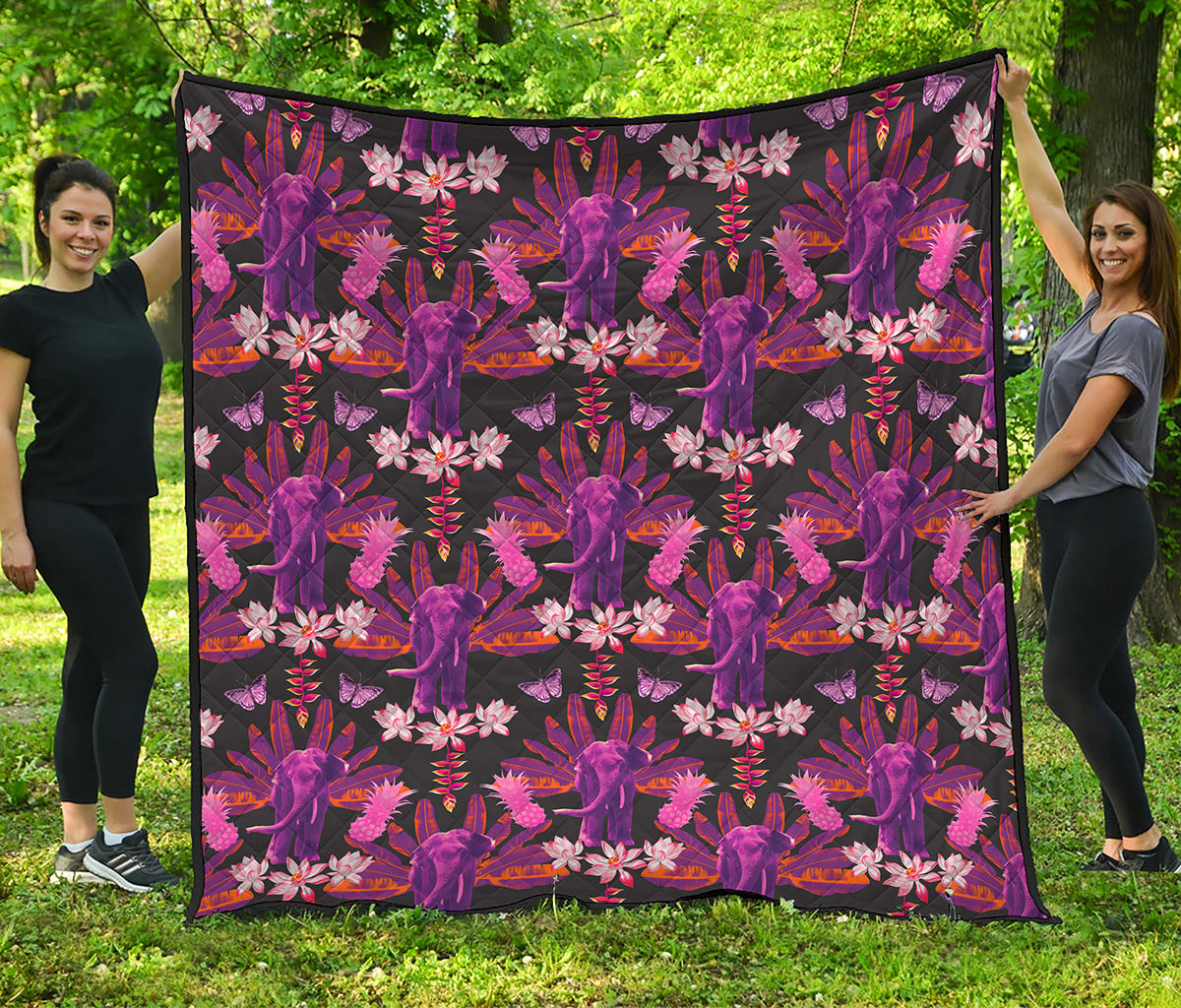 Purple Tropical Elephant Pattern Print Quilt