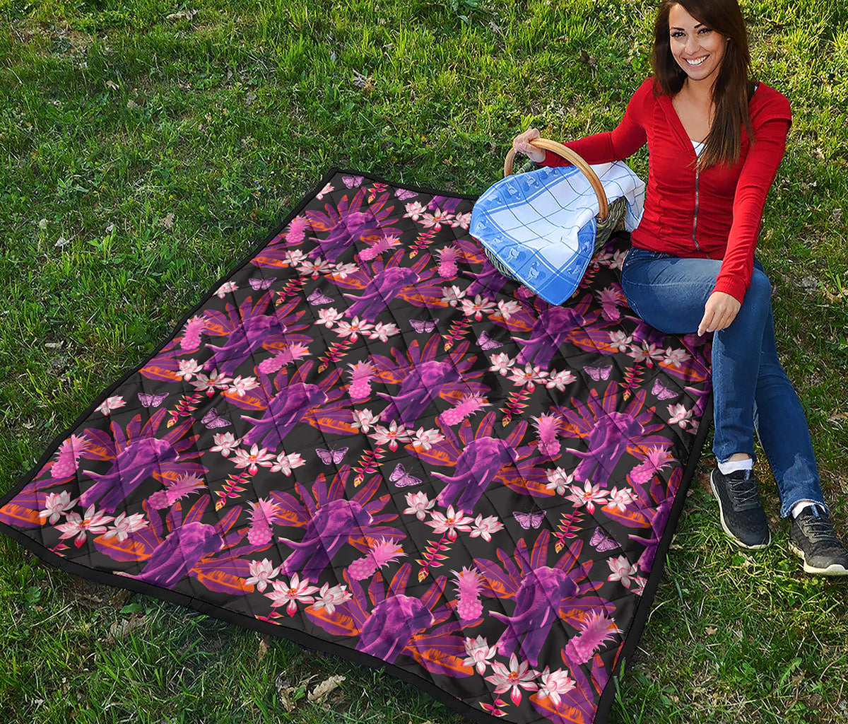Purple Tropical Elephant Pattern Print Quilt