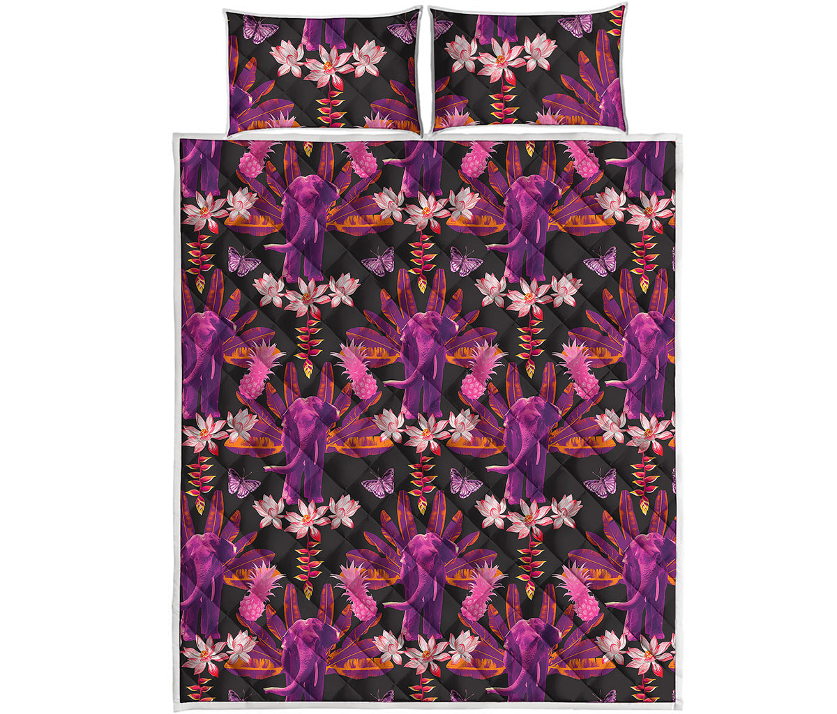 Purple Tropical Elephant Pattern Print Quilt Bed Set