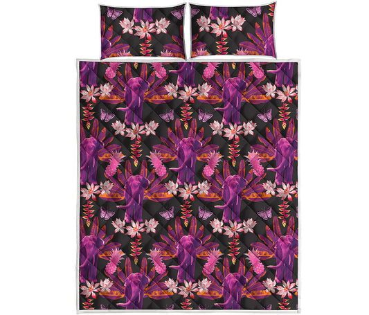 Purple Tropical Elephant Pattern Print Quilt Bed Set