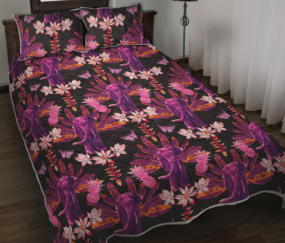 Purple Tropical Elephant Pattern Print Quilt Bed Set