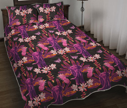 Purple Tropical Elephant Pattern Print Quilt Bed Set