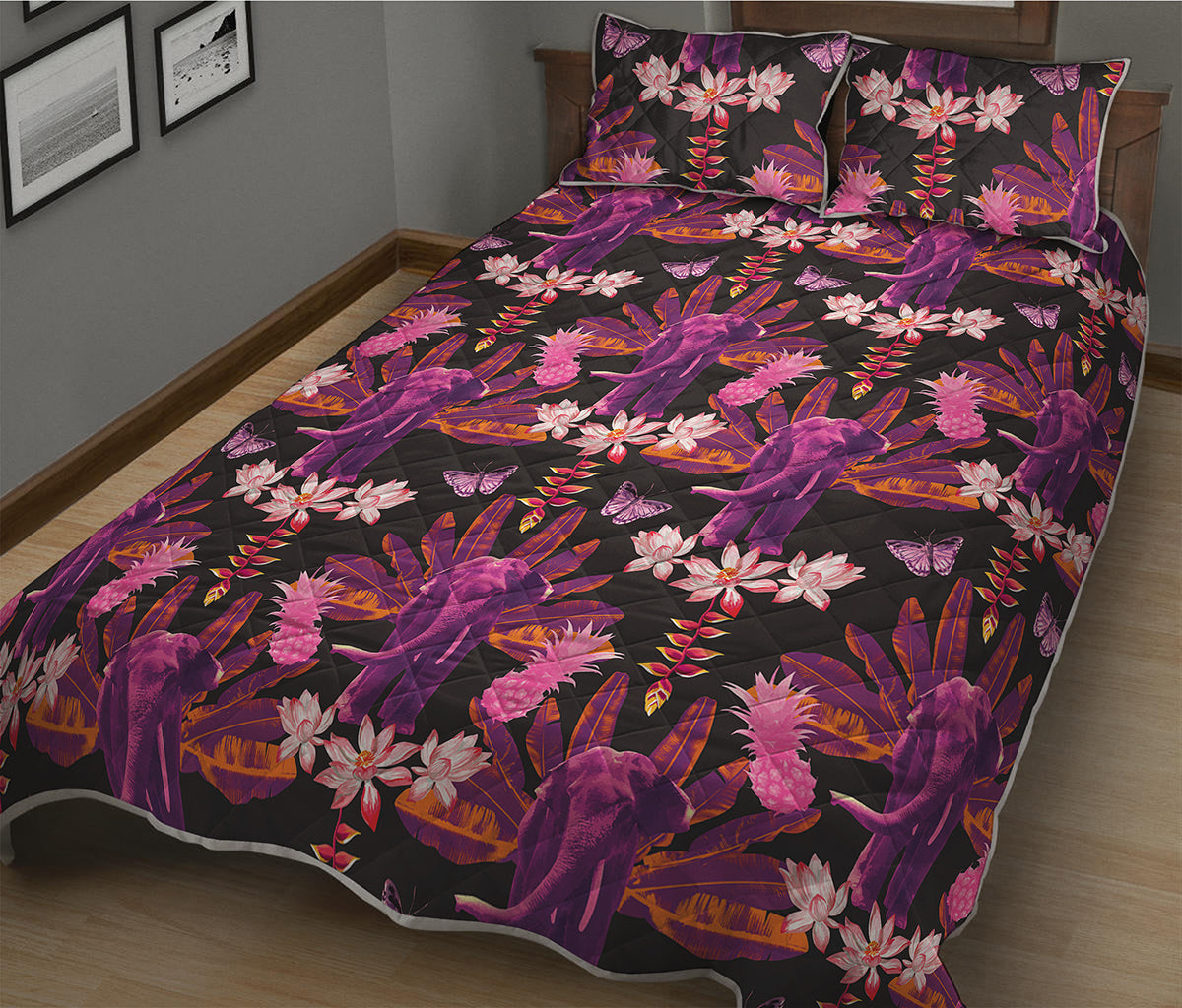 Purple Tropical Elephant Pattern Print Quilt Bed Set