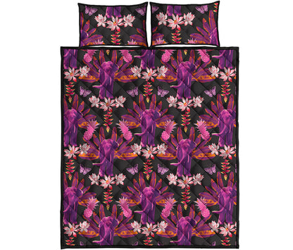 Purple Tropical Elephant Pattern Print Quilt Bed Set
