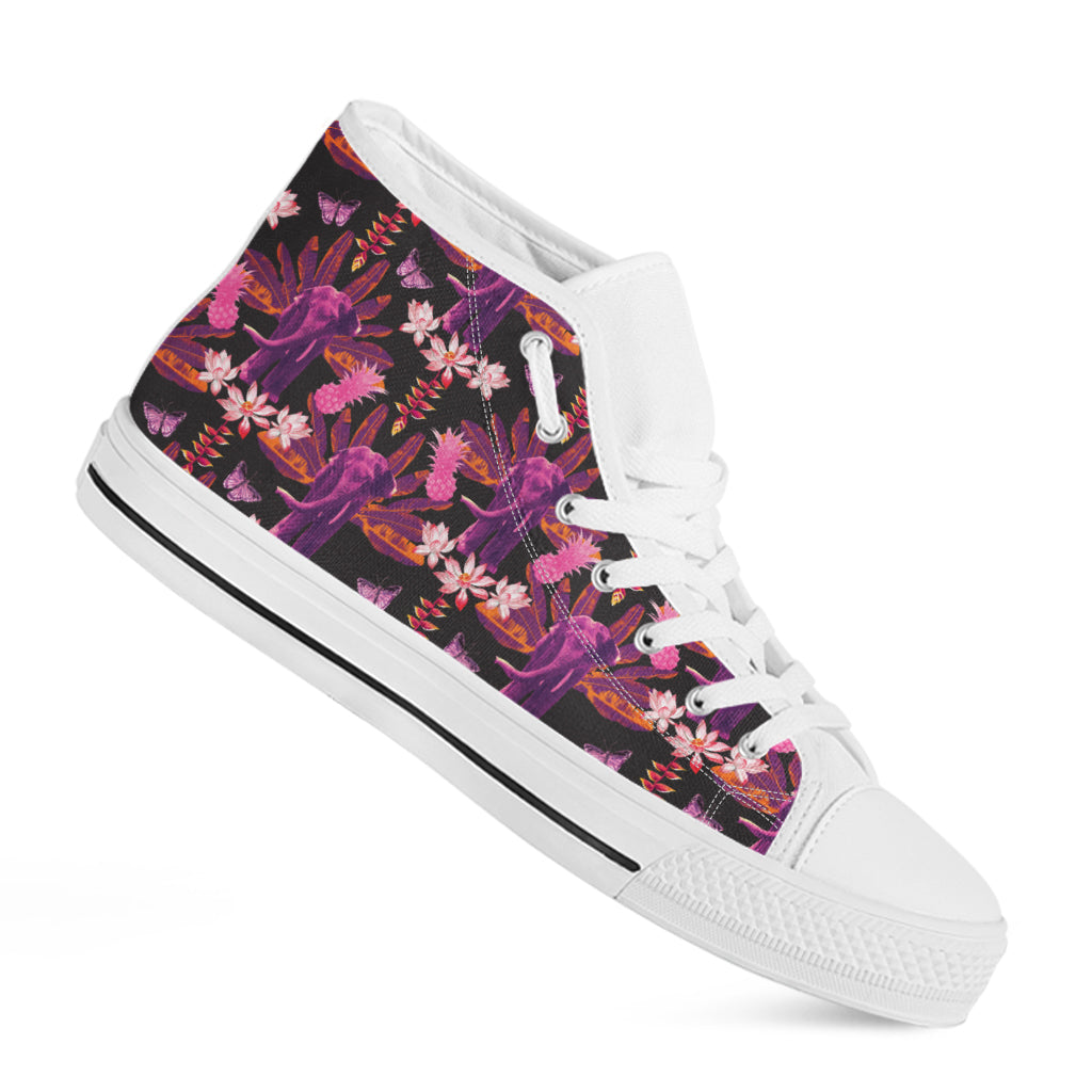 Purple Tropical Elephant Pattern Print White High Top Shoes