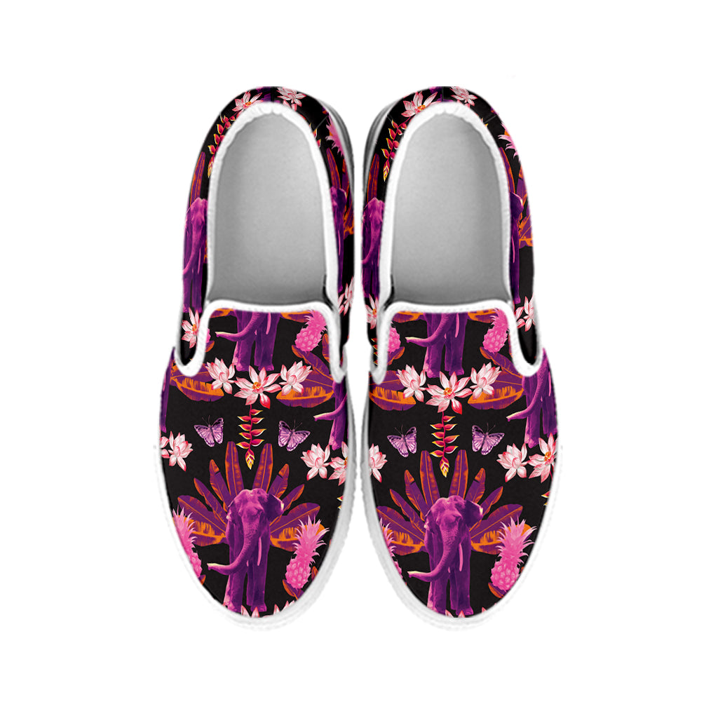 Purple Tropical Elephant Pattern Print White Slip On Shoes