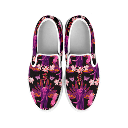 Purple Tropical Elephant Pattern Print White Slip On Shoes