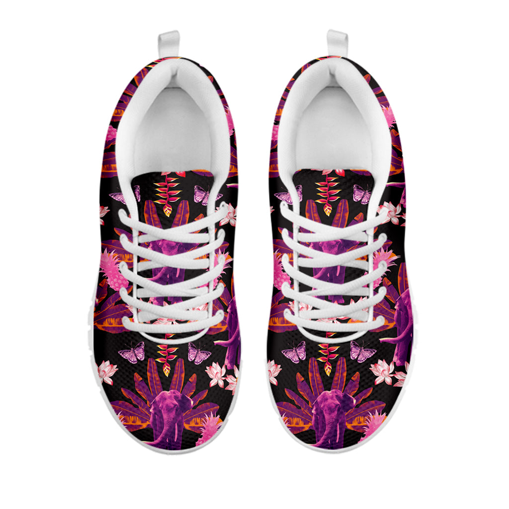 Purple Tropical Elephant Pattern Print White Sneakers