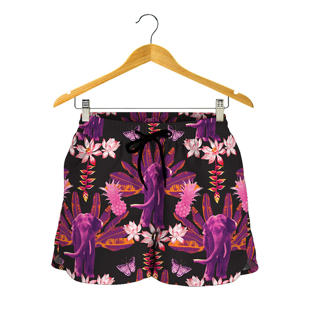 Purple Tropical Elephant Pattern Print Women's Shorts